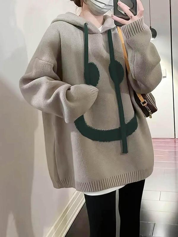 Women's Cartoon Face Print Drop Shoulder Hooded Sweater, Fashion Casual Drawstring Hooded Jumper for Daily Holiday Outdoor Wear,  Sweaters for Women,  Women Clothing for Fall & Winter