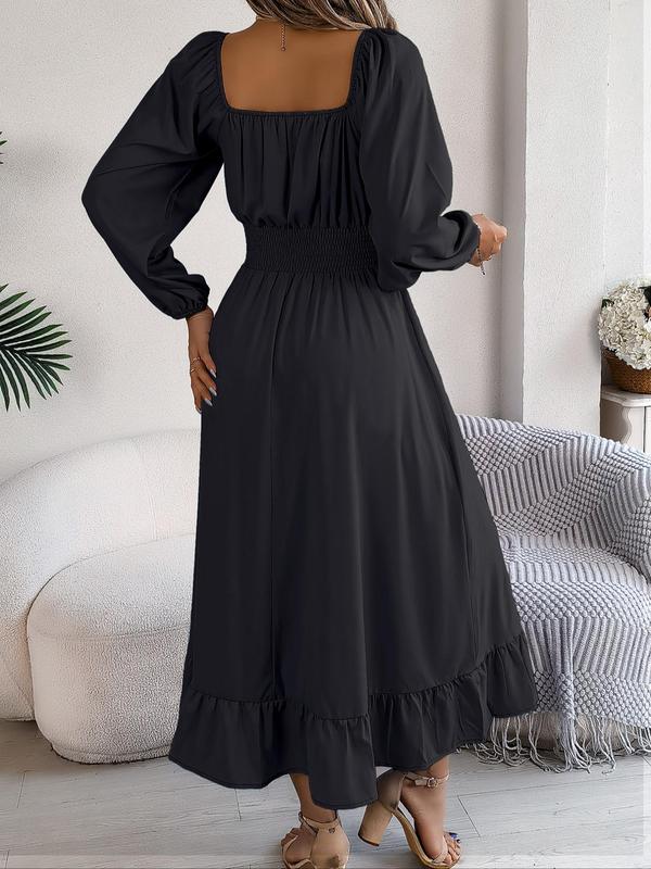 Women's Plain Ruched Ruffle Hem A Line Dress, Elegant Bishop Sleeve Square Neck Long Dress for Fall, Dresses for Women, Fall Outfits, Birthday Dress 2024, Ladies Clothes for Daily Vacation Outdoor