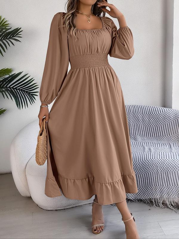 Women's Plain Ruched Ruffle Hem A Line Dress, Elegant Bishop Sleeve Square Neck Long Dress for Fall, Dresses for Women, Fall Outfits, Birthday Dress 2024, Ladies Clothes for Daily Vacation Outdoor