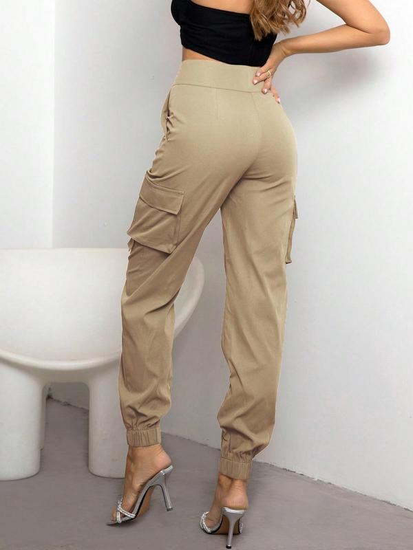 Women's Plain Flap Pocket Buttons High Waist Cargo Pants, Street Casual Comfy Pants For Daily Wear, Ladies Fall & Winter Trousers