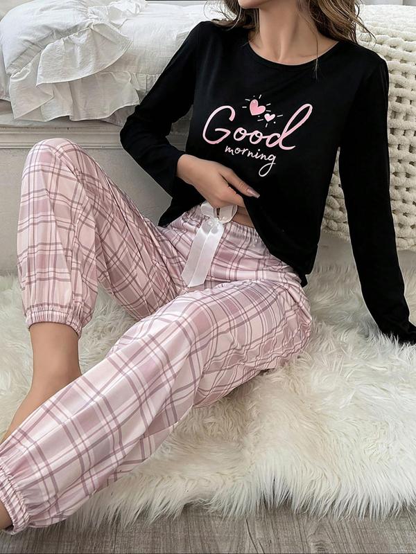 Two-Piece Set Women's Letter Print Tee & Pants Pyjamas, Casual Comfy Round Neck Long Sleeve T-shirt & Elastic Waist Trousers PJ Set, Women's Sleepwear for Fall & Winter