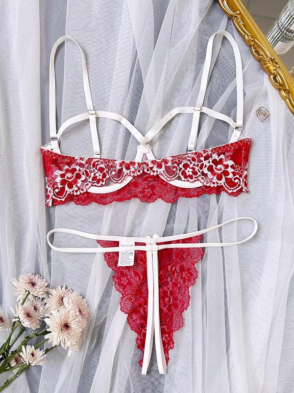 Women's Floral Lace Bra & Thong Two-piece Set, Cut Out Bra & Panty Set, Lingerie Set for Women