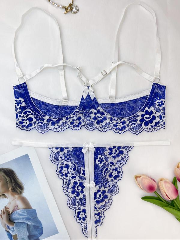 Women's Floral Lace Bra & Thong Two-piece Set, Cut Out Bra & Panty Set, Lingerie Set for Women