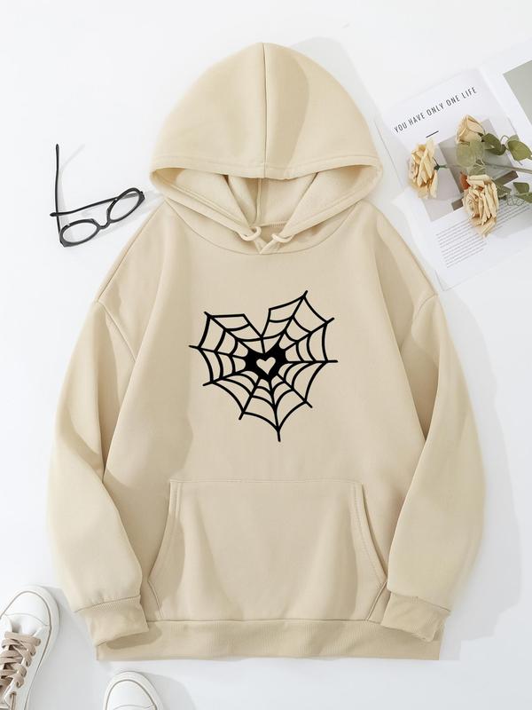  Heart Print Drop Shoulder Hoodie, Fashion Casual Drawstring Pocket Hooded Sweatshirt for Daily Holiday Outdoor Wear, Women Clothing for Fall & Winter