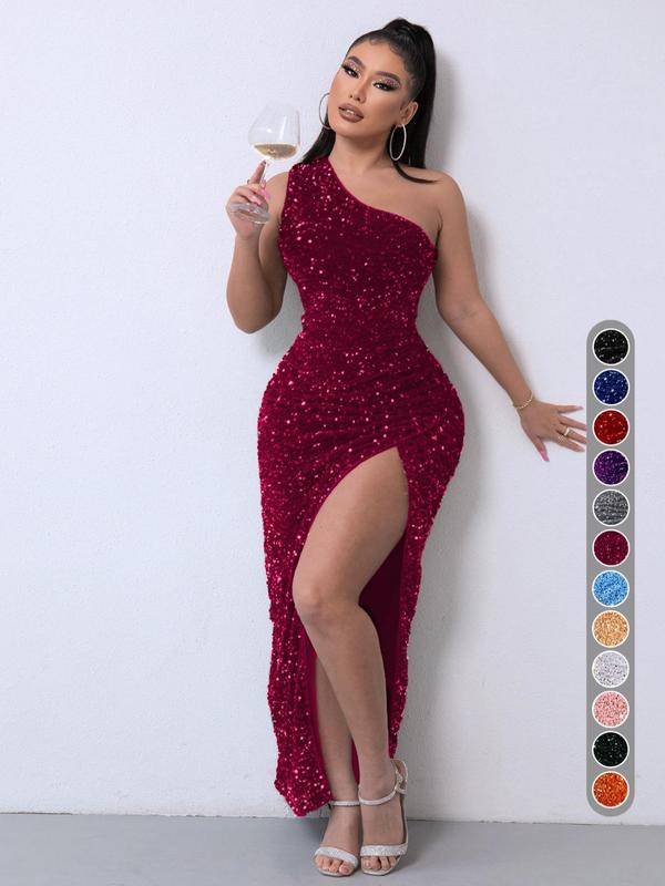 Women's Glitter Sequin One Shoulder Ruched Split Thigh Bodycon Dress, Dress in Club, Dresses for Women, Summer Dresses 2024, Elegant Chic Party Outfit, Sparkly Long Evening Gown, Lady Formal Wear, Y2K Clothing, Halloween, Halloween Costume