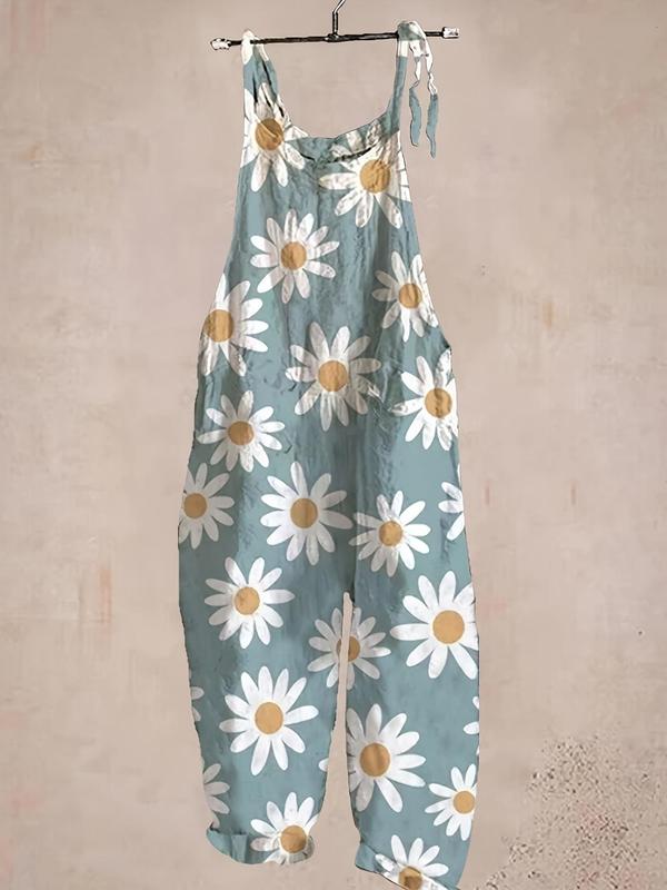  All Over Print Tie Shoulder Wide Leg Jumpsuit, Boho Casual Spaghetti Strap Sleeveless Jumpsuit for Daily Outdoor Wear, Women Plus Clothing for Summer