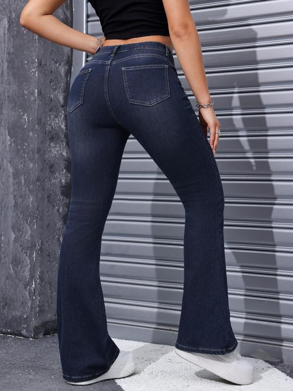 Women's Plain Flare Leg Jeans, Casual Button Fly Pocket Design Denim Trousers for Daily Wear, Ladies Bottoms for All Seasons