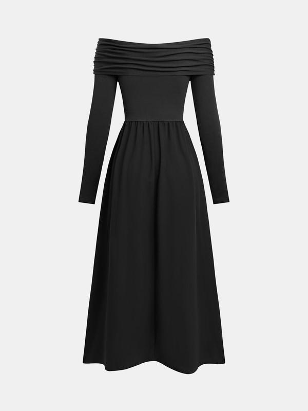 YOZY Women's Off The Shoulder Ruched A Line Dress, Elegant Long Sleeve Dress for Party Holiday Wedding Guest, Ladies Clothes for All Seasons