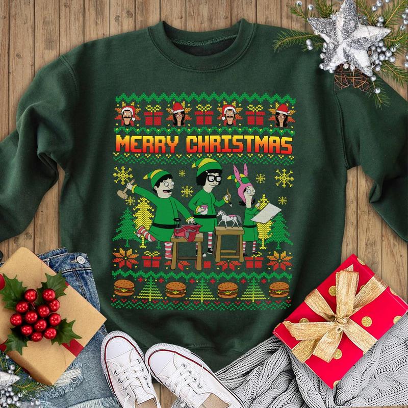 Bob Burgers Elf Ugly Christmas Shirt | Burgers Family Elf Shirt | Funny Ugly Christmas Sweatshirt | Bobs Burgers Characters Shirt