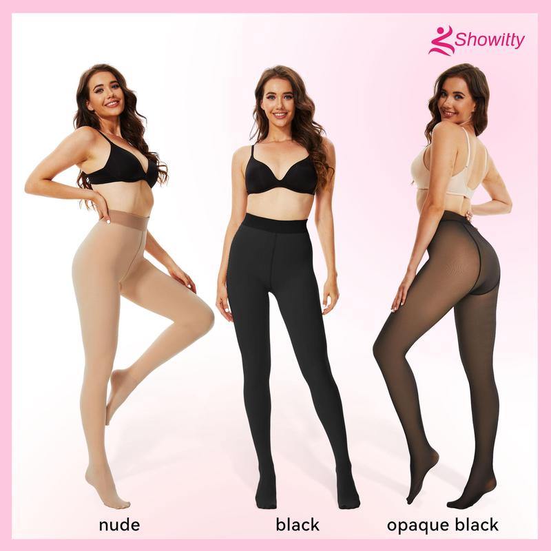 SHOWITTY 1 2 Pack Fleece Lined Tights for Women Fake Translucent Pantyhose High Waisted Thermal Leggings Ladies Stretch Thick Winter Warm Stocking