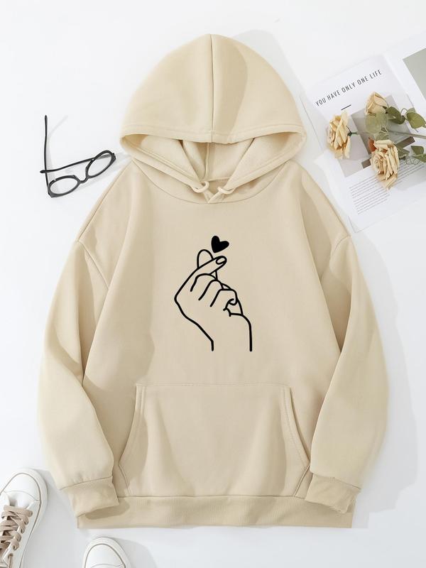  Heart Print Drop Shoulder Hoodie, Fashion Casual Drawstring Pocket Hooded Sweatshirt for Daily Holiday Outdoor Wear, Women Clothing for Fall & Winter