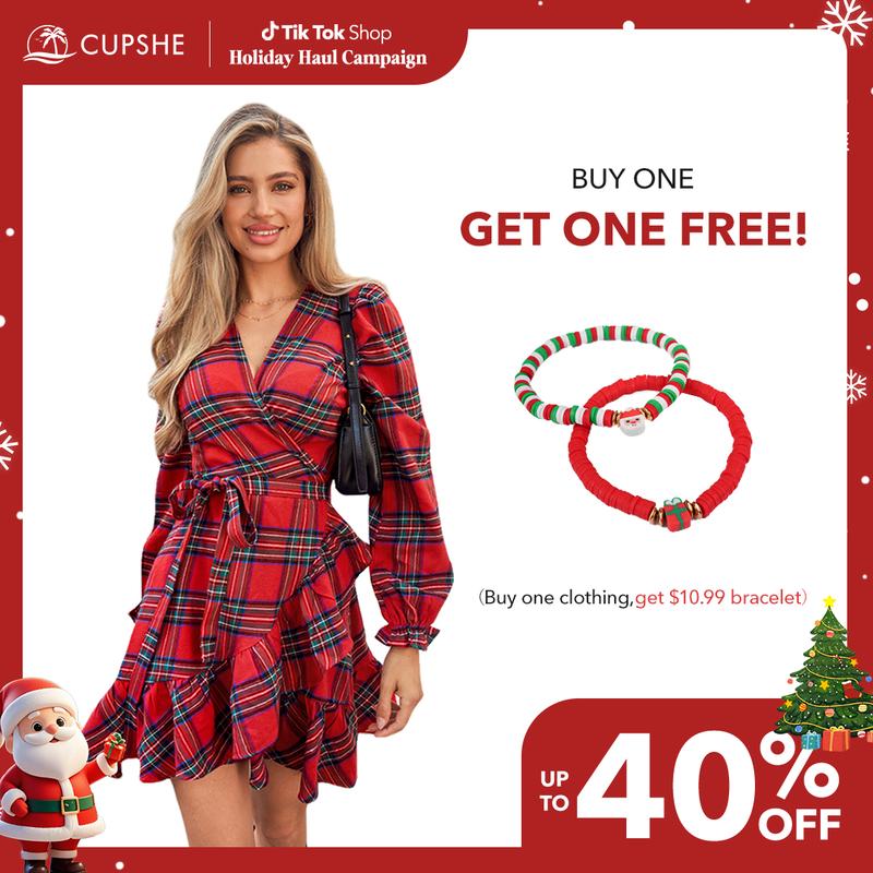 CUPSHE Adorable Christmas Red Plaid Blouson Sleeve Ruffle Cuff Wrap Mini Dress