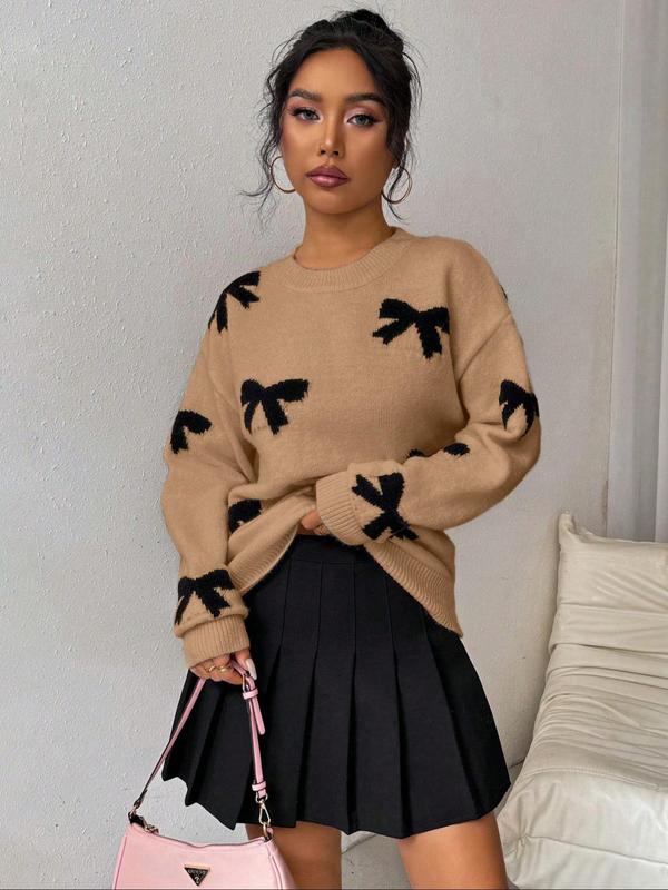 Women's Bow Print Drop Shoulder Sweater, Casual Comfortable Chic Cozy Long Sleeve Round Neck Jumper for Fall & Winter, Sweater for Women, Fashion Ladies' Knitwear for Daily Wear, Preppy 80s Clothes