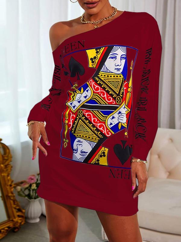 Women's Queen Of Spades Print One Shoulder Lounge Tee, Casual Drop Shoulder Long Sleeve Loungewear for Spring & Fall, Ladies Sleepwear for Daily Wear