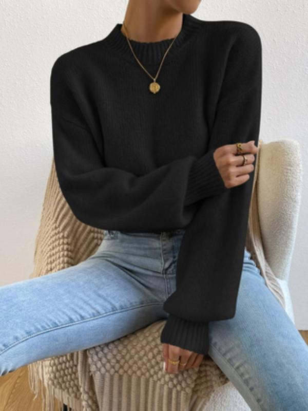 Women's Plain Drop Shoulder Mock Neck Sweater Pullover, Casual Long Sleeve Jumper for Fall & Winter, Women's Knitwear for Daily Wear