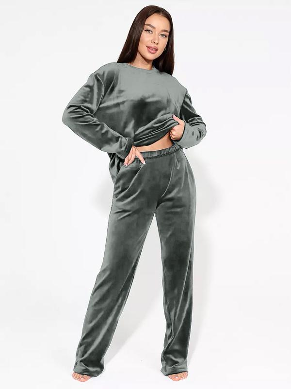 Plus Size Solid Drop Shoulder Velvet Pyjama Set, Casual Comfy Long Sleeve Round Neck Top & Pants Loungewear Set, Women's Sleepwear for Winter