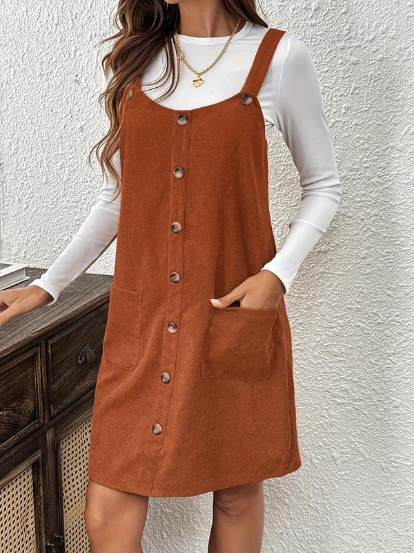 Women's Plain Pocket Pinafore Dress, Casual Sleeveless Fake Buttons Decor Short Dress for Spring & Fall, Women's Clothing for Daily Wear