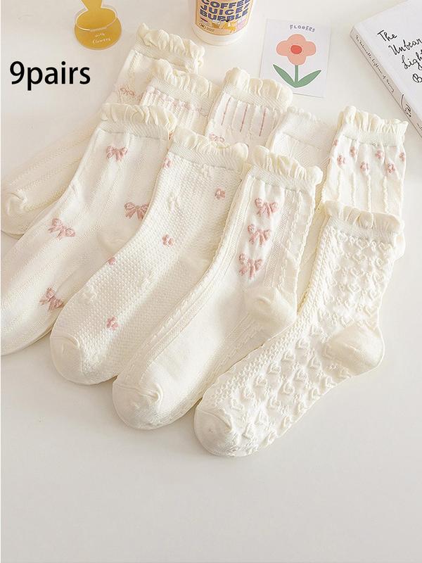 Women's 9 Pairs Bow & Heart Embroidery Frill Trim Crew Socks, Fashion Casual Comfy Breathable Socks for Daily Outdoor Wear, Multipack Knit Socks for All Seasons