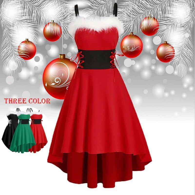 Christmas red off shoulder black waist bow suspender dress presents Christmas hat Free Womenswear Comfort Festival Party