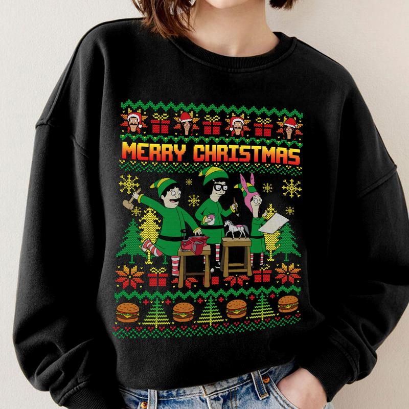 Bob Burgers Elf Ugly Christmas Shirt | Burgers Family Elf Shirt | Funny Ugly Christmas Sweatshirt | Bobs Burgers Characters Shirt