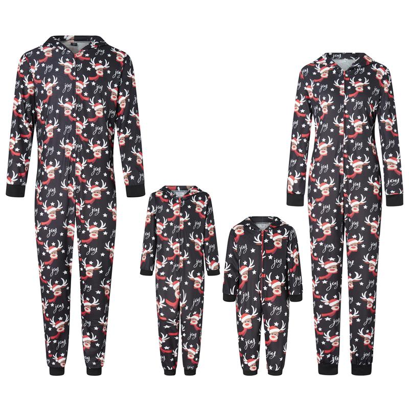 Matching Christmas Pajamas For Family Long Sleeve Elk Antler Hooded Romper Zip Up Jumpsuits