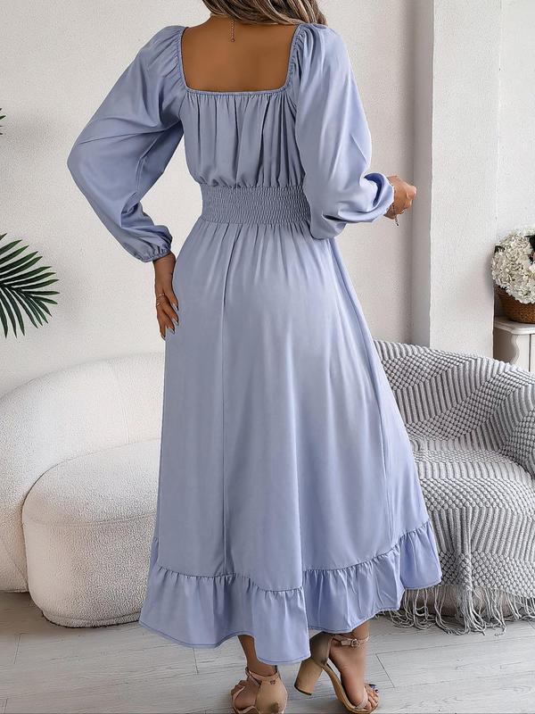 Women's Plain Ruched Ruffle Hem A Line Dress, Elegant Bishop Sleeve Square Neck Long Dress for Fall, Dresses for Women, Fall Outfits, Birthday Dress 2024, Ladies Clothes for Daily Vacation Outdoor