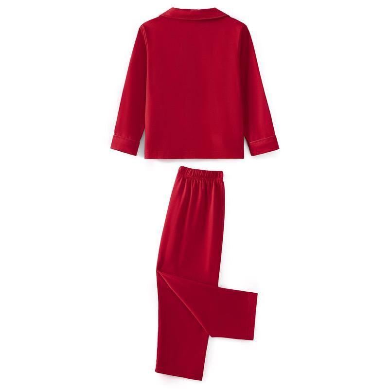 New Red Family Matching Pajama Set Lapel Neck Button-up Long Sleeve Tops Long Pants 2-Piece Bow Solid Color Loungewear Outfit