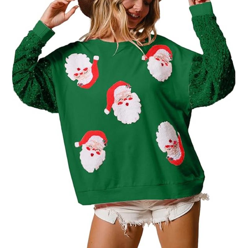 Women's Cute Santa Christmas Sweatshirts Funny Graphic Lightweight Sequin Long Sleeve Pullover Hoodies