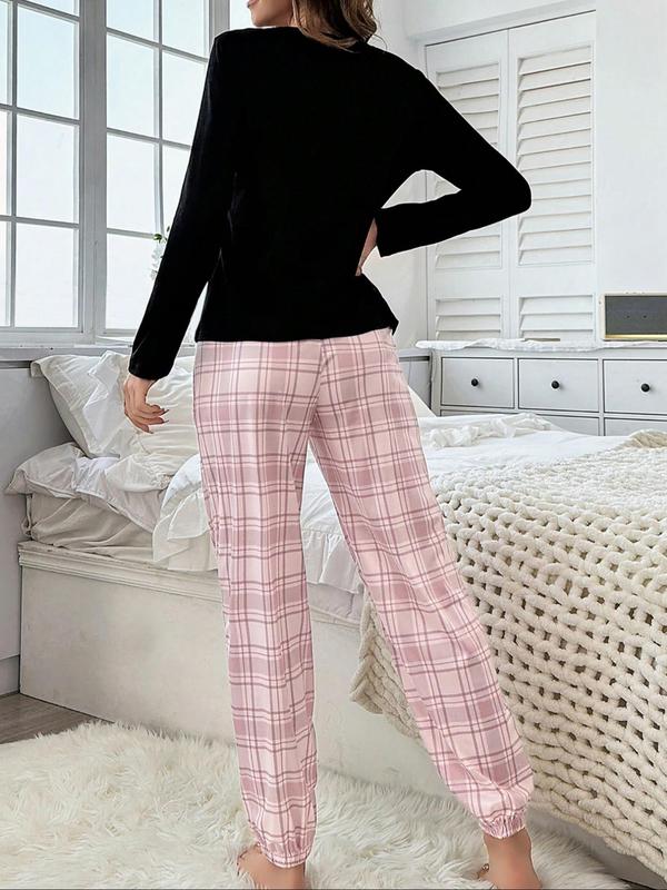 Two-Piece Set Women's Letter Print Tee & Pants Pyjamas, Casual Comfy Round Neck Long Sleeve T-shirt & Elastic Waist Trousers PJ Set, Women's Sleepwear for Fall & Winter