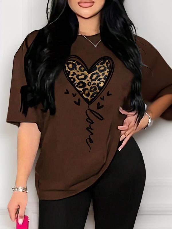 Women's Heart & Leopard Print Drop Shoulder Tee, Summer Graphic Tees Women, Casual Half Sleeve Round Neck T-shirt for Daily Wear, Graphic Tees, Ladies Clothes for All Seasons