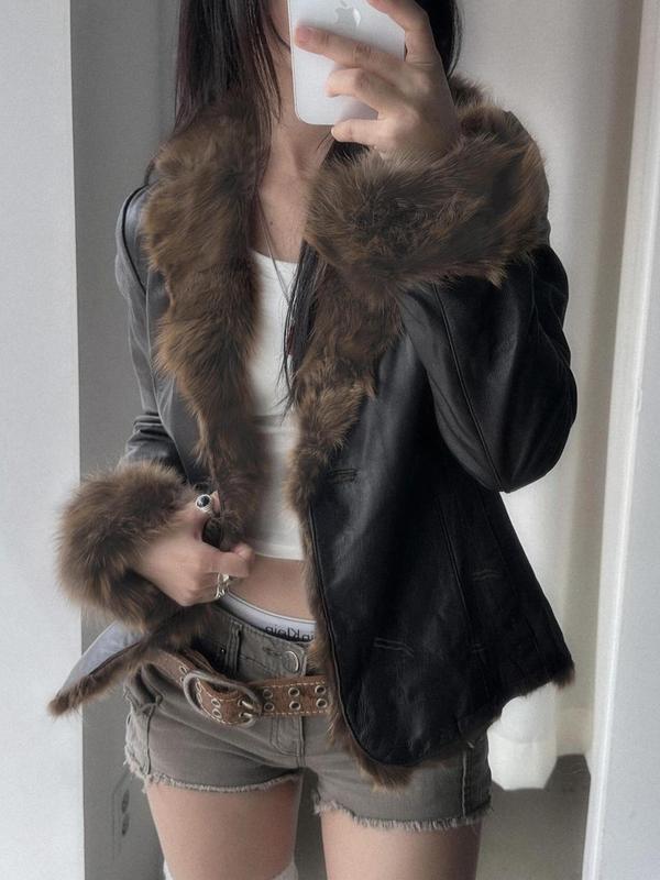 Women's Contrast Faux Fur Trim Lapel Neck Faux Leather Jacket, Elegant Long Sleeve Outerwear for Fall & Winter, Ladies Clothes for Daily Wear