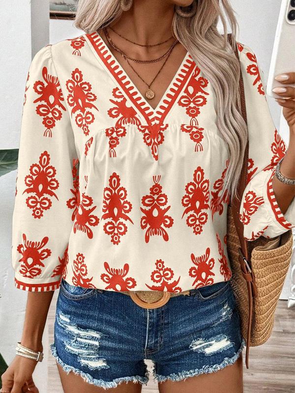 Women's Ethnic Pattern Bishop Sleeve V Neck Blouse, Boho Casual 3 4 Sleeve Top for Spring & Fall, Fall Clothing Women, Women's Clothing for Daily Wear