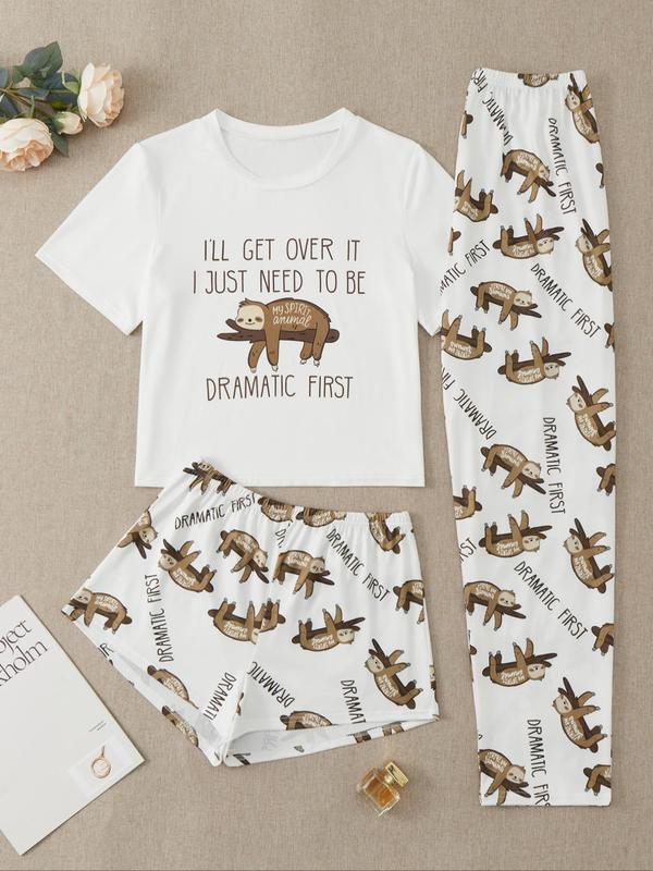 Three-Piece Set Women's Cute Cartoon Sloth Print Tee & Shorts & Pants Pyjama Set, Casual Comfy Crew Neck T-Shirt & Shorts & Trousers PJ Set, Summer Clothes Women, Summer Wear 2024, Women's Sleepwear