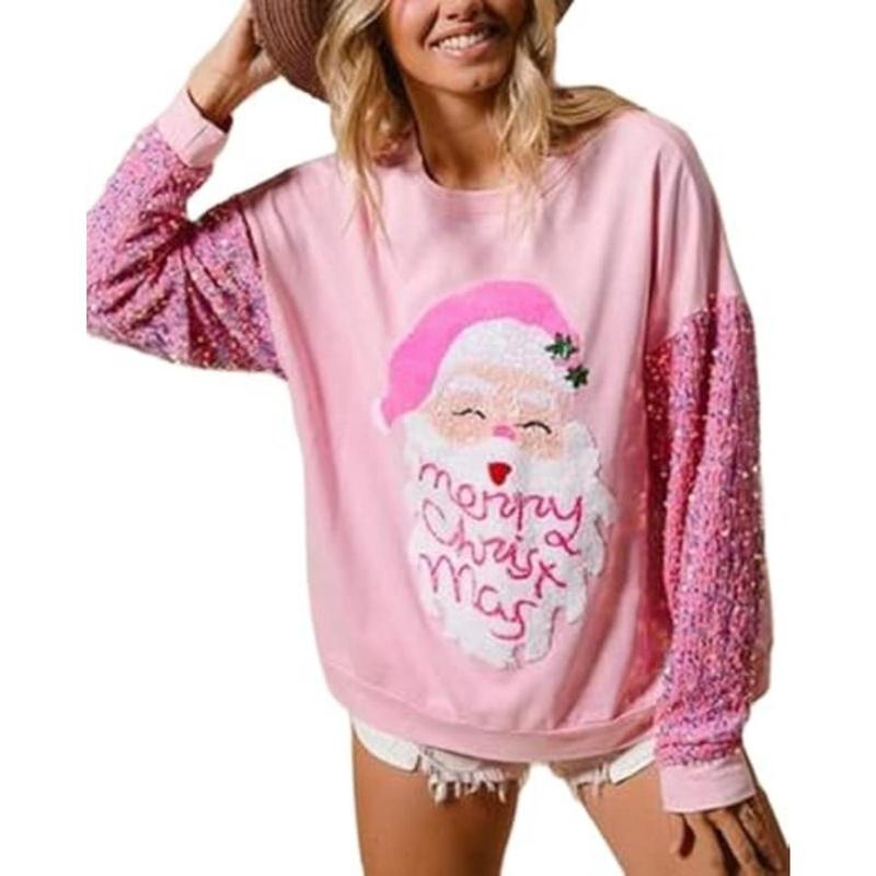 Women's Cute Santa Christmas Sweatshirts Funny Graphic Lightweight Sequin Long Sleeve Pullover Hoodies