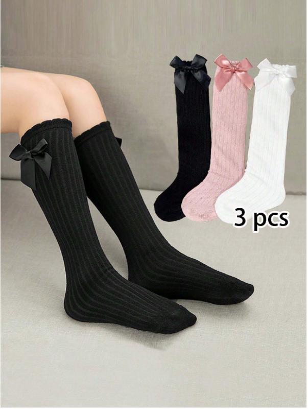 3pairs Girls' White Bowknot Straight Tube Knee High Socks, Sweet And Versatile For Daily Wear