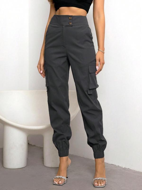 Women's Plain Flap Pocket Buttons High Waist Cargo Pants, Street Casual Comfy Pants For Daily Wear, Ladies Fall & Winter Trousers