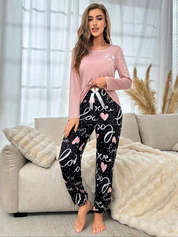 Two-Piece Set Women's Letter Print Tee & Pants Pyjamas, Casual Comfy Round Neck Long Sleeve T-shirt & Elastic Waist Trousers PJ Set, Women's Sleepwear for Fall & Winter