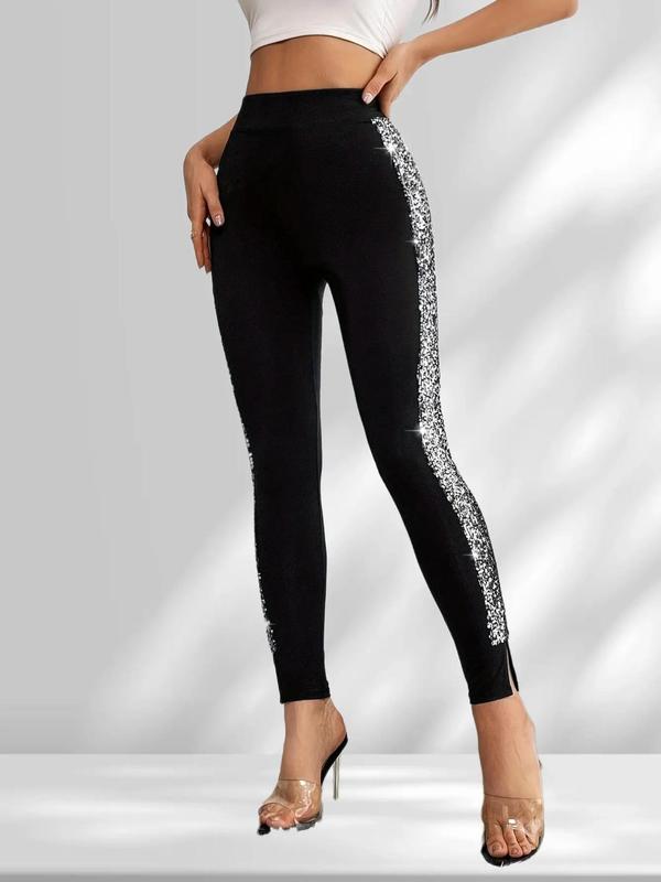 Women's Contrast Sequin Split Hem Leggings, Casual Comfy High Waist Skinny Pants for Daily Wear, Ladies Bottoms for Spring & Fall