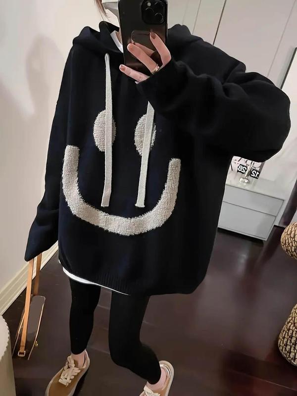 Women's Cartoon Face Print Drop Shoulder Hooded Sweater, Fashion Casual Drawstring Hooded Jumper for Daily Holiday Outdoor Wear,  Sweaters for Women,  Women Clothing for Fall & Winter