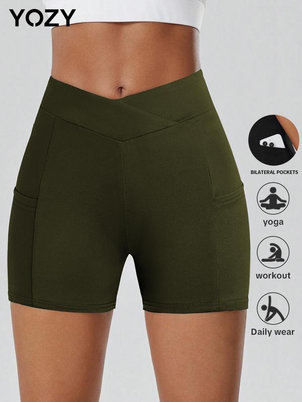 YOZY [3 colors]Cross Waist Bilateral Pockets Skinny Shorts  Casual Comfy Stretchy Breathable Shorts, 2024 Women's Outfits for Daily, Yoga, Gym, Workout, Running