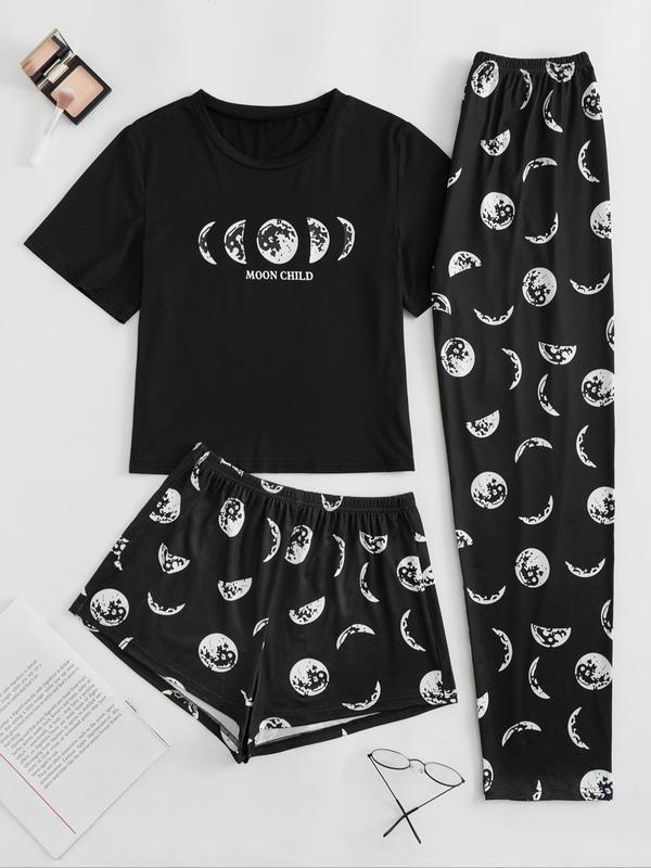 Three-Piece Set Women's Cute Cartoon Sloth Print Tee & Shorts & Pants Pyjama Set, Casual Comfy Crew Neck T-Shirt & Shorts & Trousers PJ Set, Summer Clothes Women, Summer Wear 2024, Women's Sleepwear