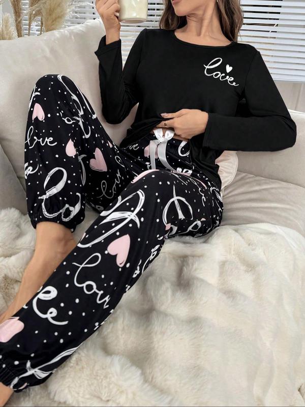 Two-Piece Set Women's Letter Print Tee & Pants Pyjamas, Casual Comfy Round Neck Long Sleeve T-shirt & Elastic Waist Trousers PJ Set, Women's Sleepwear for Fall & Winter