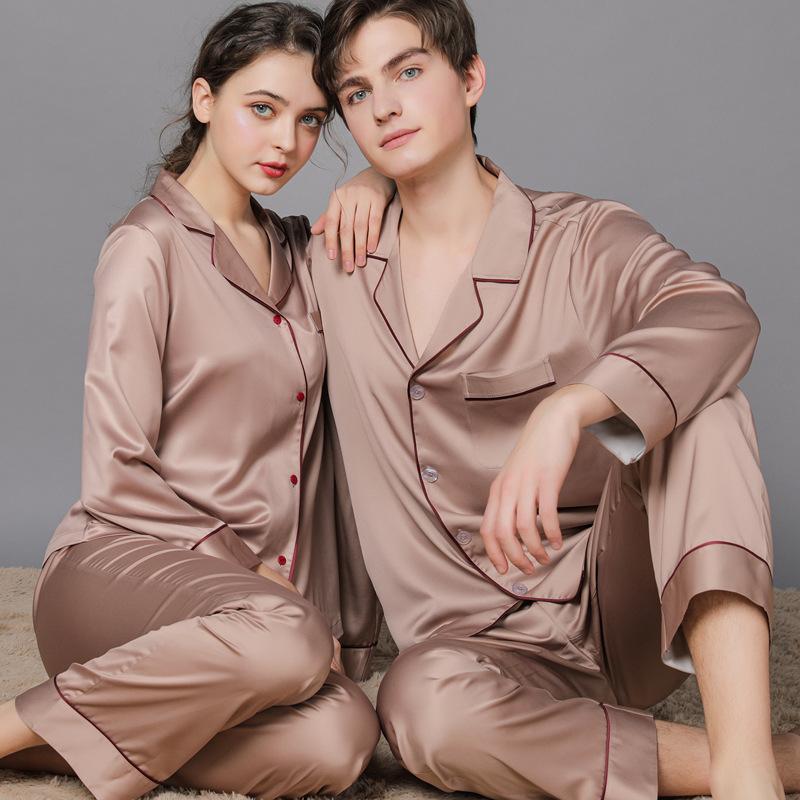 New Spring and Autumn Silk Couple Pajamas Women's Autumn Ice Silk Men's Pajamas Home Wear Long Sleeve plus Size Suit Womenswear Clothing