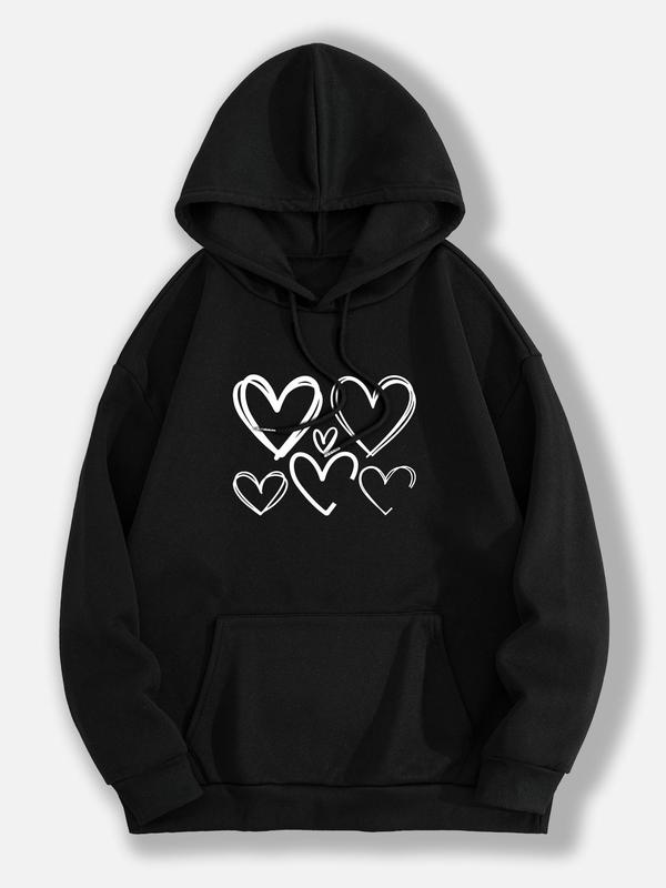  Heart Print Drop Shoulder Hoodie, Fashion Casual Drawstring Pocket Hooded Sweatshirt for Daily Holiday Outdoor Wear, Women Clothing for Fall & Winter