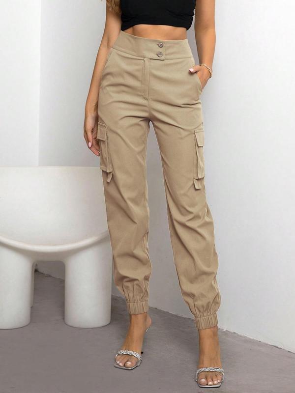 Women's Plain Flap Pocket Buttons High Waist Cargo Pants, Street Casual Comfy Pants For Daily Wear, Ladies Fall & Winter Trousers