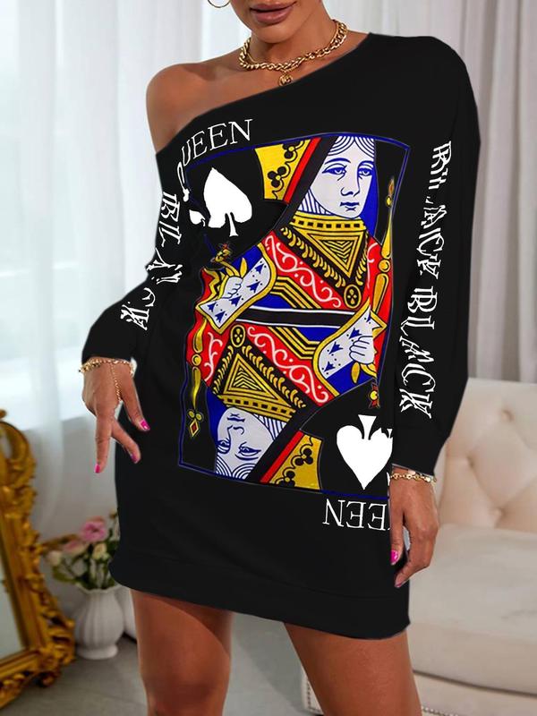 Women's Queen Of Spades Print One Shoulder Lounge Tee, Casual Drop Shoulder Long Sleeve Loungewear for Spring & Fall, Ladies Sleepwear for Daily Wear