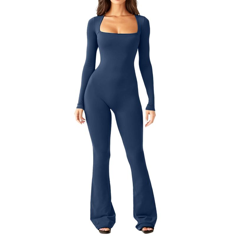 Women’s Long Sleeved Piece Jumpsuit with  Sexy Belly Waist Soft Square Basic Belly Outfit Fit Wide  Elastic Womenswear Bodycon Breathable