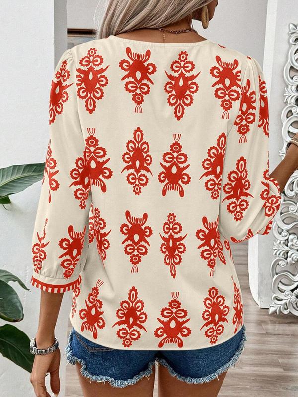 Women's Ethnic Pattern Bishop Sleeve V Neck Blouse, Boho Casual 3 4 Sleeve Top for Spring & Fall, Fall Clothing Women, Women's Clothing for Daily Wear