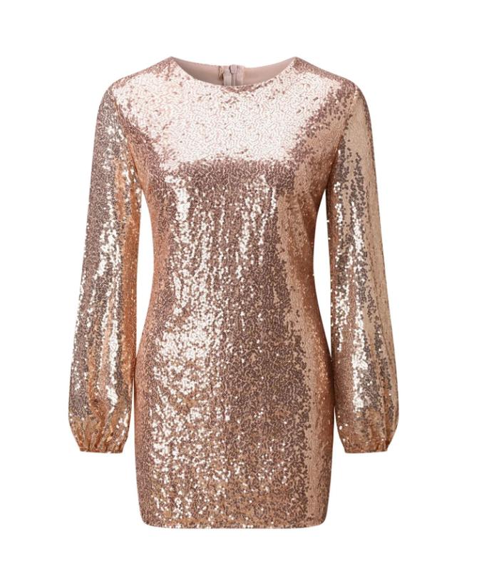 Women's Sequins Mini Dress Fashion Casual Long Sleeves Shiny Party Dress O Neck Sexy Bodycon Short Dress Ball Gowns Vestidos Comfort Feminine Fabric