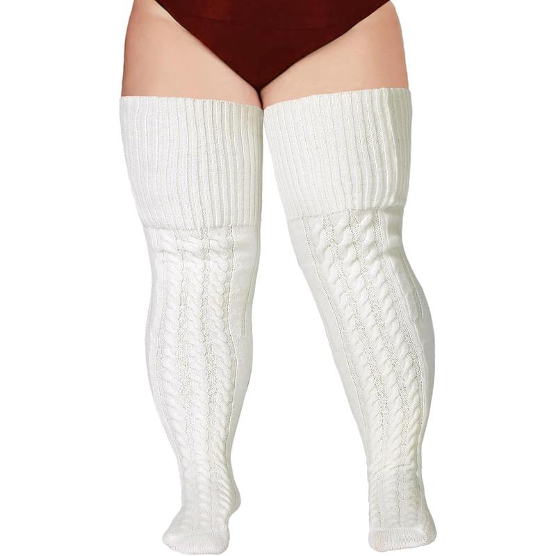 Wool Plus Size Thigh High Socks For Thick Thighs- Extra Long Womens Warm Cable Knit Over Knee Stockings Leg Warmers